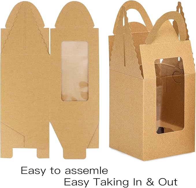 Cupcake Boxes, 30 Pack Individual Single With Clear Window Inserts Handle - Muffins Carriers Pastry Containers (Brown)