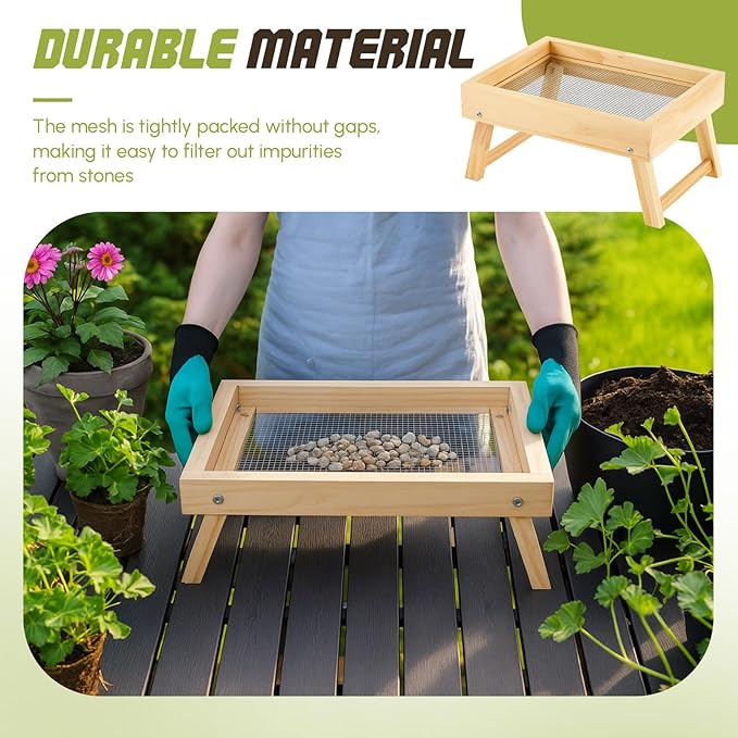 Vicenpal 15.8 x 11.8 Inches Soil Sifter Dirt Sifter with Folding Bracket for Garden Soils Wood Compost Sifters for Rocks Sieve with Shovel Glove Set Tool Screen Soil Peat Moss Leave Loam Sand Plant