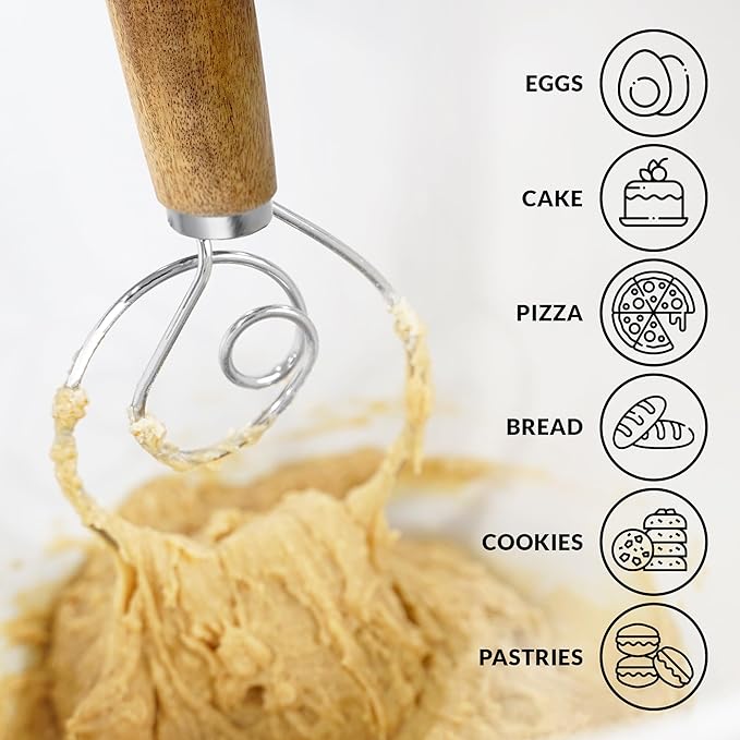 Zulay Kitchen Durable 13-Inch Danish Dough Whisk - Easy Mixing Bread Hook, Stainless Steel, Sourdough Traditional Dutch Whisking Tool, 2 Pack Acacia Wood