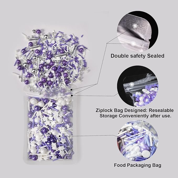 Huebeaty 6-in-1 Purple Sprinkles for Cake & Cupcake Decorating – 180g Edible Sanding Sugar & Pearl Sprinkles Mix for Birthday, Wedding, Unicorn & Mermaid Themes (Purple and Silver)