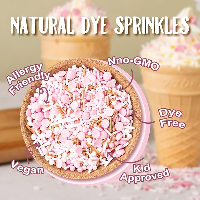 Dye Free Sprinkles Pink No Artificial Dyes Natural Confetti Pearl Sugar Gold Jimmies Sprinkles for Cake Decorations Baby Shower, Cookies, Fondant Cake, Dessert Toppings, 4.2oz