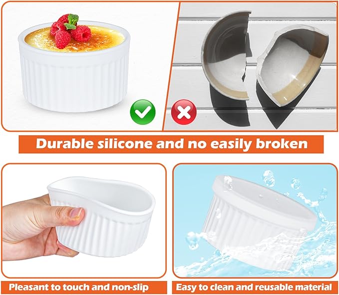 Koluti 8oz Nonstick Silicone Ramekins with Lids, 6-Pack Oven Safe Creme Brulee Baking Bowls Souffle Pudding Cups, Ice Cream Dessert Snack Food Storage Contianer, BPA Free, Freezer & Dishwasher Safe