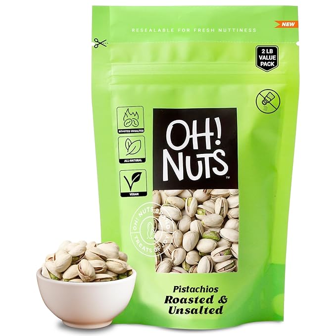 Oh! Nuts Pistachios – Roasted Unsalted, 2 LB Bag – Sodium-Free, All-Natural California Pistachios – Vegan, Gluten-Free, Heart-Healthy Snack