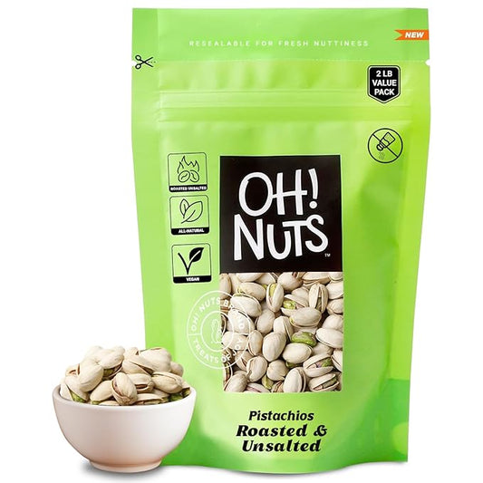 Oh! Nuts Pistachios – Roasted Unsalted, 2 LB Bag – Sodium-Free, All-Natural California Pistachios – Vegan, Gluten-Free, Heart-Healthy Snack