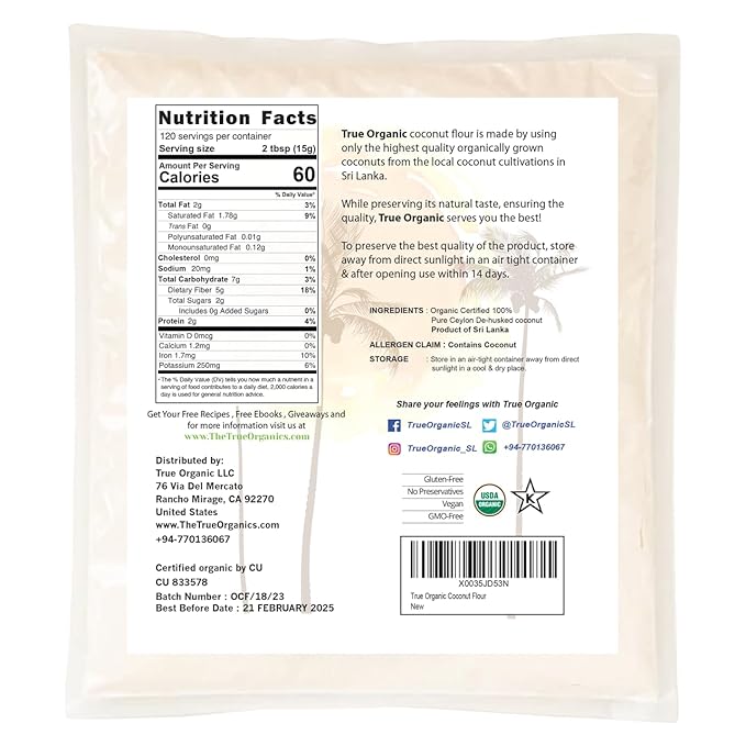 True Organic Ceylon Coconut Flour, 4 Pound / 64 Oz Bulk Bag, Certified Organic, USDA & Kosher Certified, Non-GMO, Organic Ceylon Coconut Flour for Baking Keto, Pure Ceylon Premium Quality