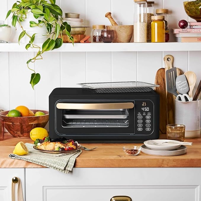 Beautiful Infrared Air Fryer Toaster Oven Combo - 10-in-1 Countertop Convection Oven with Air Fry, Bake, Pizza, Toast & Dehydrate Functions - 1800W Stainless Steel Kitchen Appliance (Black Sesame)