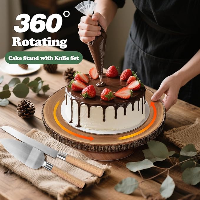 Rotating Cake Stand 12" Wood Cake Stand with Cake Cutting Set,Rustic Wooden Cake Stands for Party/Wedding/Baking Gifts/Event/Cake Turntable for Decorating