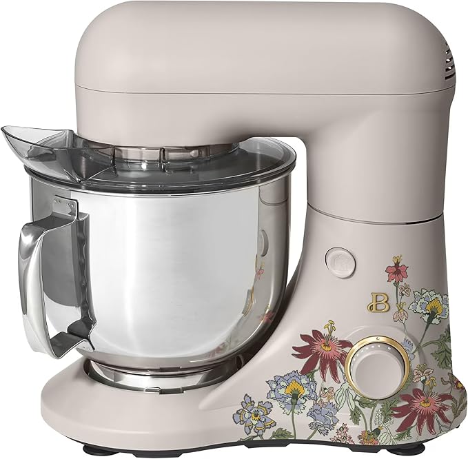 Beautiful 5.3 QT Stand Mixer w/Tilt-Head Design, Stainless Bowl, 300-Watt Power, 12-Speed Control, Includes Beater, Dough Hook, Whisk, Splash Shield (Wildflower Porcini Taupe)