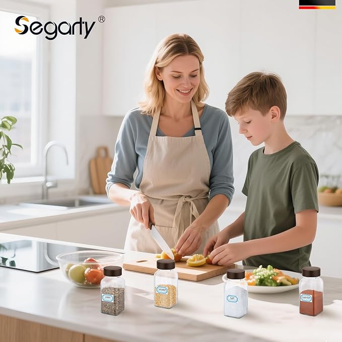 Segarty 6oz Spice Jar with Wood Lids, 2 PCS 180ml Glass Square Spices Jars with Shaker Lids, Clear Empty Seasoning Containers Cereal Containers Storage Set, Large Spice Bottle with 7 Stickers, 1 Brush