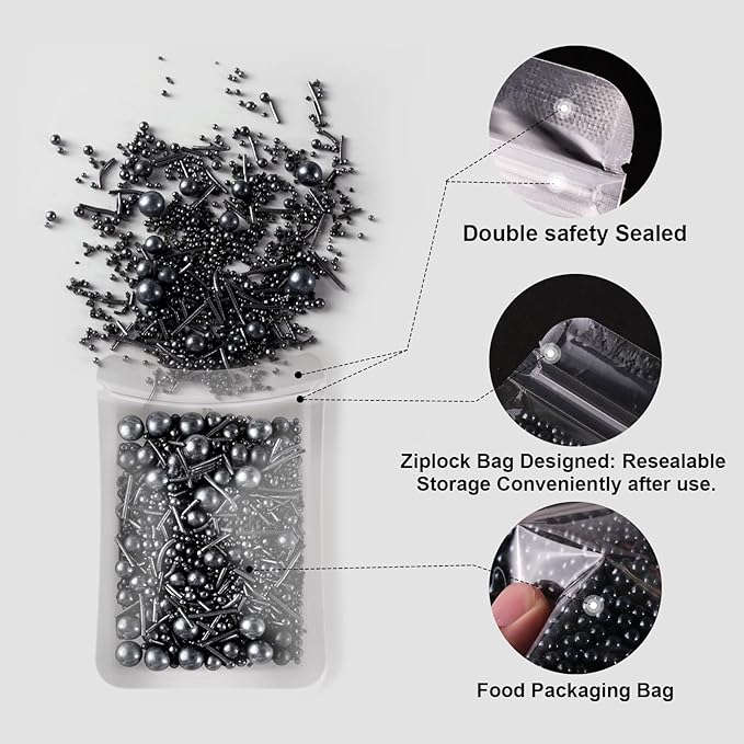 HUEBEATY 6-in-1 Black Edible Cake Pearls Sprinkles for Cake Cookies Decorating and Baking | 180g/6.36oz | Black Sanding Sugar for Cookies | Edible Graduation, Halloween Sprinkles and Decorations