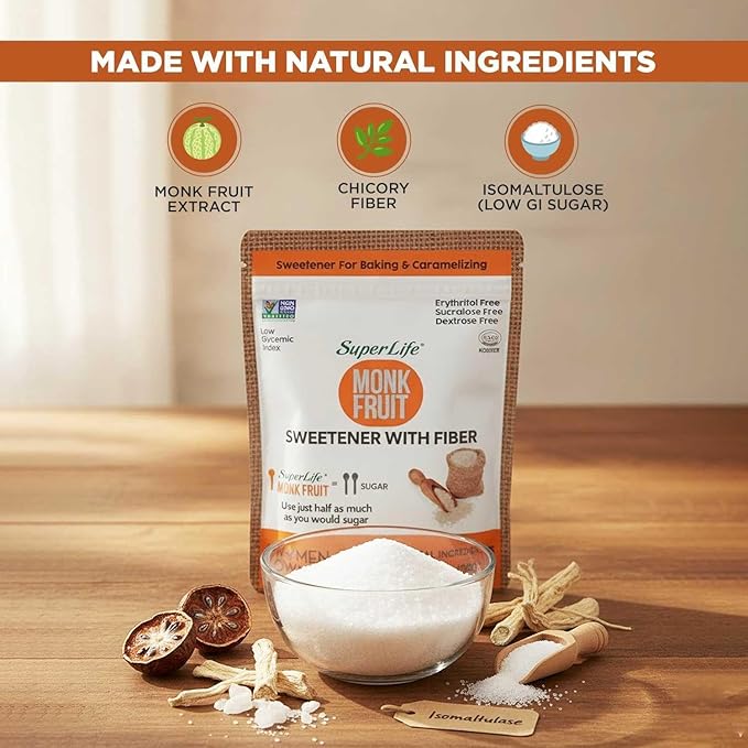 Super Life Monk Fruit Sweetener with Fiber – Low-Glycemic Index, Diabetic-Safe & Erythritol-Free Sugar Alternative for Baking, Beverages & Caramelizing | Non-GMO, Low-Calorie, Keto & Low GI Food – 7oz / 200g