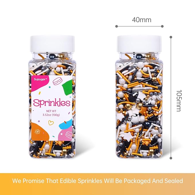 Black Sprinkles for Cake Decorating, 3.52oz Graduation Candy Sprinkles, Metallic Gold and Silver Sugar Candy for Cupcakes Baking Ice Cream Cookies, Wedding Birthday Party Decorations