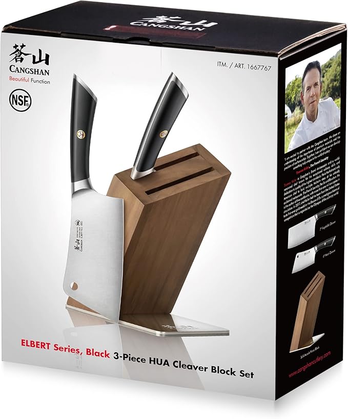 Cangshan ELBERT Series German Steel Forged Cleaver Knife Block Sets, Acacia (3-Piece, Black)