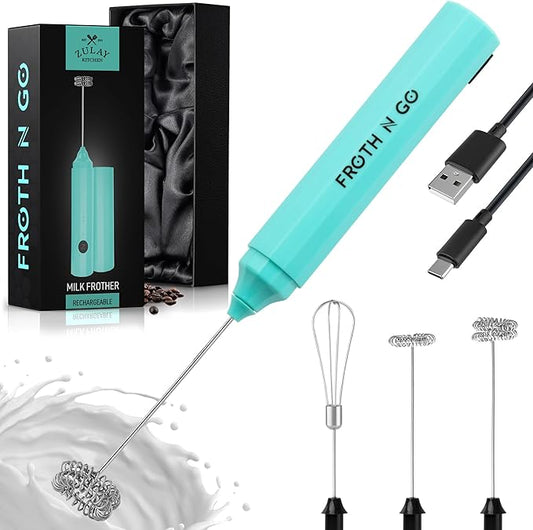 Zulay Froth N Go Milk Frother – Rechargeable 3-in-1 Handheld Frother Wand with Travel Case & USB-C Charger – Single, Double & Egg Whisk for Latte, Cappuccino, Matcha, Protein Shakes – Aqua