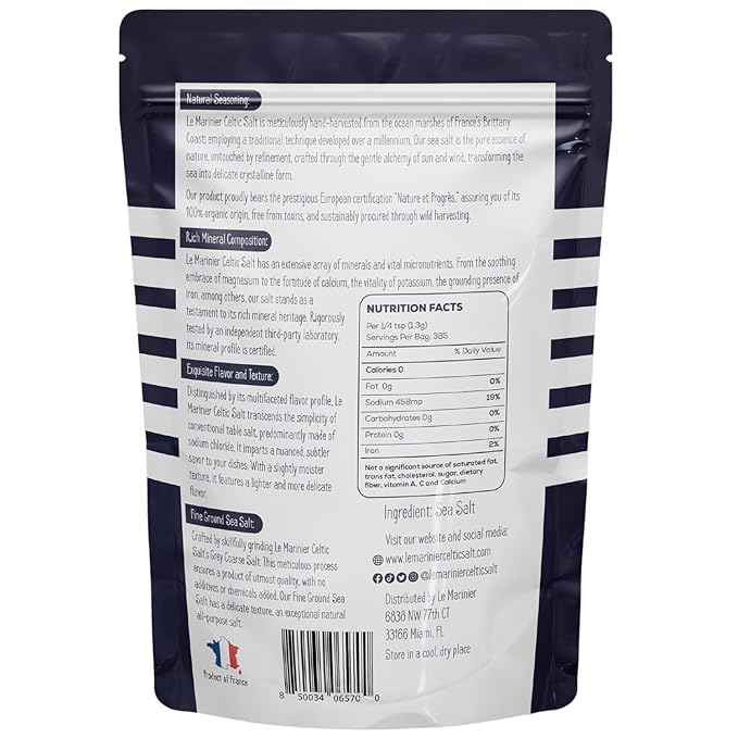 Le Marinier Celtic Salt Organic Fine Ground, 1.1lb - 18oz, Pack of 2. Mineral Rich Unrefined 100% Natural, Hand Harvested Mineral French Sea Salt (1.1lb Fine Ground - Pack of 2)