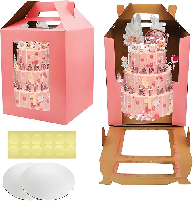 Cake Boxes - 2 Pack Tall Cake Box 12x12x14 Inch Disposable Layer Carrier with Window Large Tierd Cake Out Transport Containers with Handle for Wedding, Birthday, Party