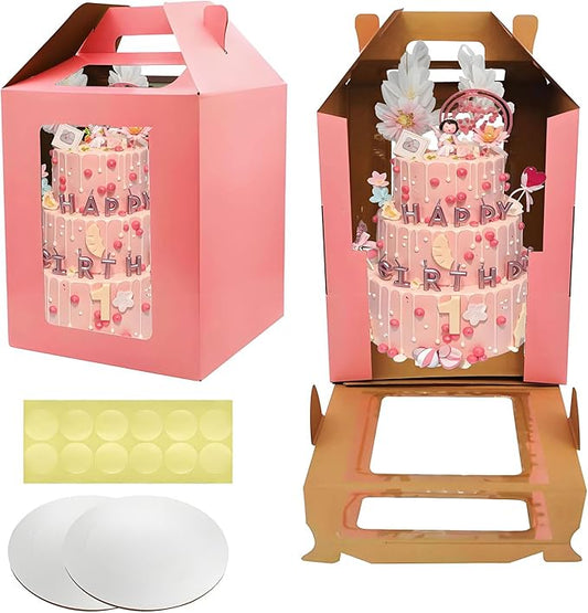 Cake Boxes - 2 Pack Tall Cake Box 12x12x14 Inch Disposable Layer Carrier with Window Large Tierd Cake Out Transport Containers with Handle for Wedding, Birthday, Party