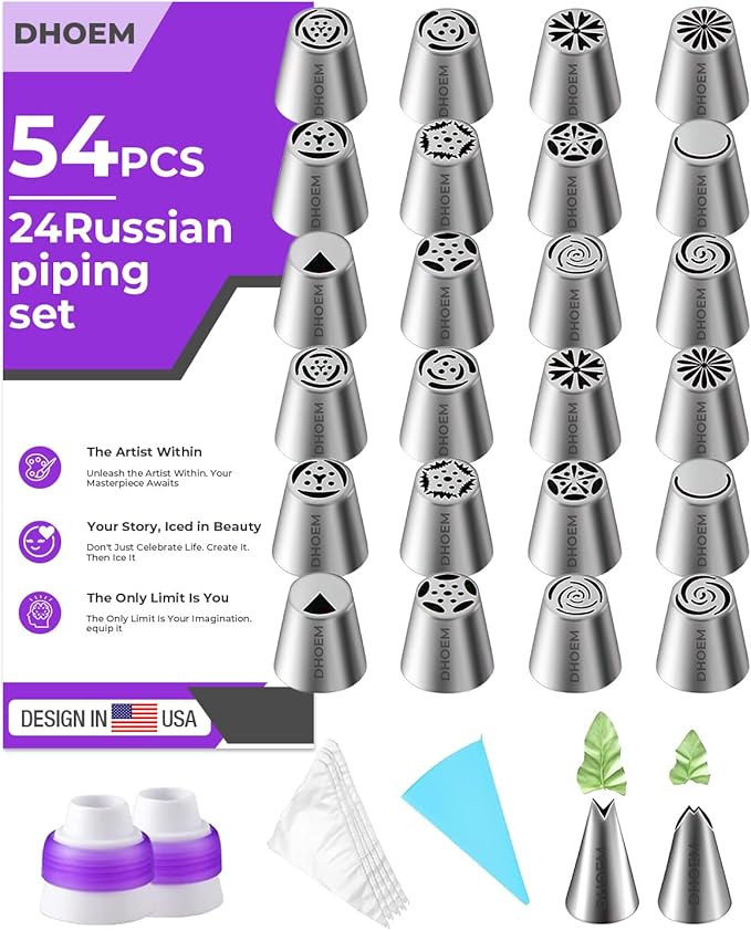 54Pcs Russian Piping Tips Set, 24 Flower Frosting Nozzles Icing Tips, Cake Decorating Kit, 4 Leaf Tips, 4 Couplers, and 20 Disposable Bags for Baking Supplies for Cookie Cupcake