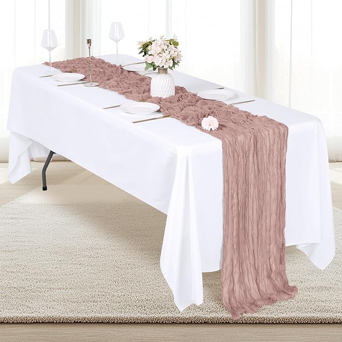 12 Pack Dusty Pink Cheesecloth Table Runner 17x108 Inch Semi Sheer Boho Gauze Cheese Cloth Fabric Table Runners, for Wedding Party Baby Shower Birthday Home Decor Garden Farmhouse