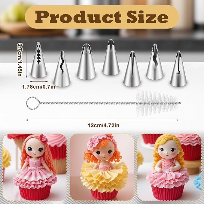 7PCS Pleated Skirt Piping Tips Set, Stainless Steel Cake Decorating Tips Nozzle Piping Set Frosting Icing Tips with Cleaning Brush for Pastry Fondant Cupcakes Cake Decorating