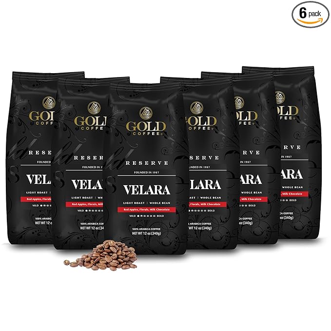 Gold Coffee Co. Velara Premium Blend | Light Roast, Whole Bean | 100% Arabica Coffee | 12 oz. (Pack of 6)