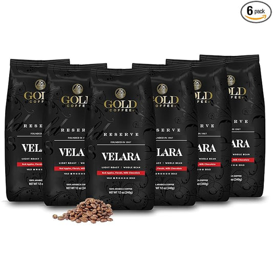 Gold Coffee Co. Velara Premium Blend | Light Roast, Whole Bean | 100% Arabica Coffee | 12 oz. (Pack of 6)