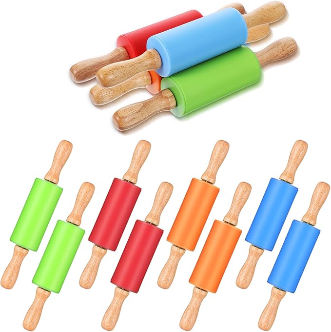12 Pcs Small Rolling Pin 9 Inch Mini Rolling Pin Silicone Wooden Cooking Pins Baking 4 Colors Non Stick with Wooden Handle for Kitchen Dough Cookie Pastry Fondant Cake