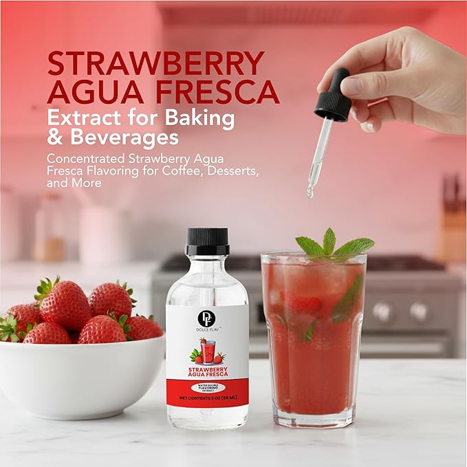 Dolce Flav Natural Strawberry Agua Fresca Extract, Water-Soluble – 2 oz | Fresh Sweet Strawberry Flavoring for Beverages, Desserts & Syrups – Sugar-Free, Kosher, Allergen-Free