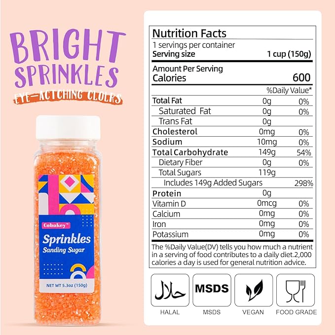 Orange Sanding Sugar Sprinkles, 5.3 oz Edible Sparkling Sugar Crystals for Baking Topping, Cupcakes, Cookies, Ice Cream & Cake Decorating, Wedding Party Halloween Thanksgiving Supplies