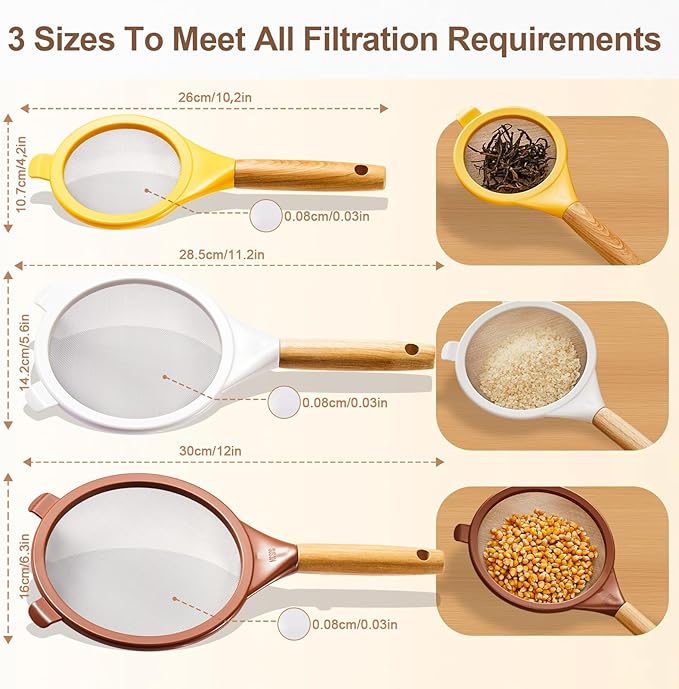Wood Handle Strainers Fine Mesh Set, 3 Pcs Stainless Steel Sifter for Baking, Plastic Colorful Mesh Strainer with Handle for Juice, Flour, Rice, Tea Straining- 3 Sizes