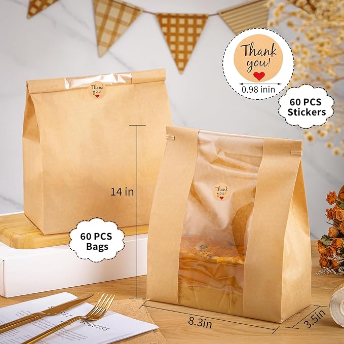 120 Bread Bags for Homemade Bread, Sourdough Bread Bag with Window 14" X 8.3" X 3.5" Large Paper Bakery Bags with Tin Tie Tab Lock Stickers for Food Cookies Packaging Storage