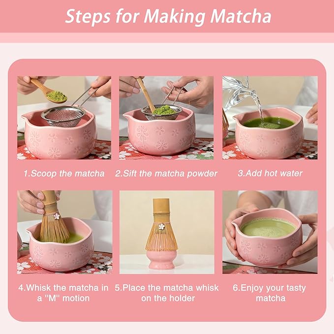 8 Pcs Matcha Set - Flower-shaped Matcha Bowl | Handcrafted Whisk and Holder | Bamboo Scoop and Spoon | Scoop Rest | Sifter and Tea Towel - Pink Matcha Set with Cherry Blossom Carved Patterns