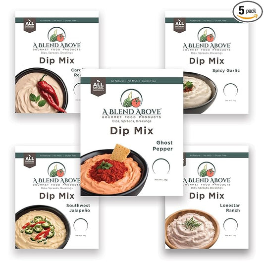 A Blend Above Spicy Dip Mix 5 Pack Includes Spicy Garlic, Lonestar Ranch, Ghost Pepper, Carolina Reaper, and Southwest Jalapeño Spicy Dip, Gluten-Free, No MSG, All Natural, No Preservatives, Vegetable Dip, Keto Friendly, Low Carb, Low Sodium, Easy to Make