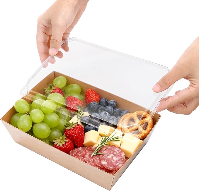 Hiceeden 50 Pack Charcuterie Boxes with Clear Lids, 8.4"×5.7"×2.8" Paper Bakery Dessert Sandwich Box, Disposable Large Food Containers for Cookies, Donuts, Muffins, Salad, and Pastry, Brown