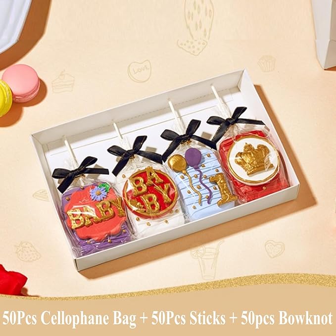 RomanticBaking 50 Sets Clear Rice Krispie Treat Bags with Black Ribbon Bow and Stick & Flat Cellophane Clear Bags for Rice Krispie Treats Gift Giving Bag(Black)