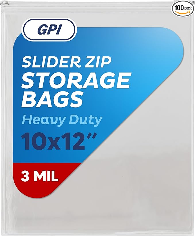 100 Count - Slider Zip 1 Gallon Food Storage Bags, 10" x 12" 3 Mil Heavy Duty, Large, Strong & Durable For Freezer Storage. GPI
