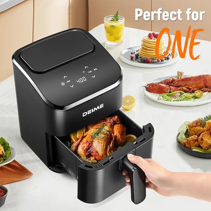 DEIME Air Fryer 3 Qt, Small Airfryer Digital Space Saving Compact, Bake, Reheat, Roasts for Quick Easy Meals, Mini Compact & Quiet, Nonstick & Dishwasher Safe Basket (Black+TR)