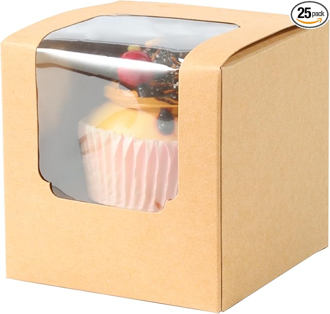 ihomecooker 25 Pcs Single White Cupcakes Containers Gift Boxes with Window Inserts Handle for Wedding Candy Boxes (25P-Brown)