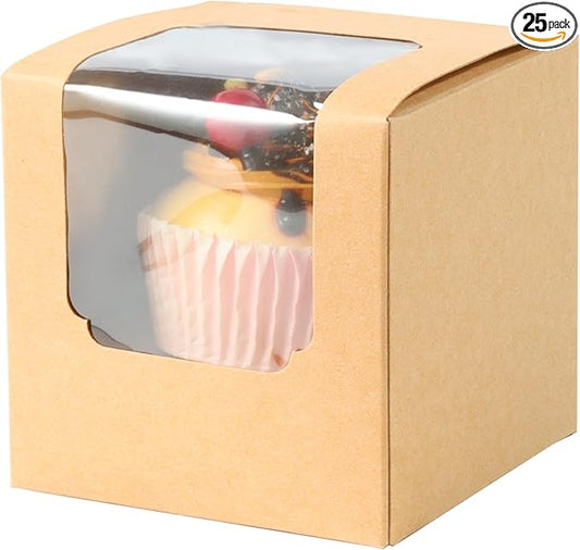 ihomecooker 25 Pcs Single White Cupcakes Containers Gift Boxes with Window Inserts Handle for Wedding Candy Boxes (25P-Brown)