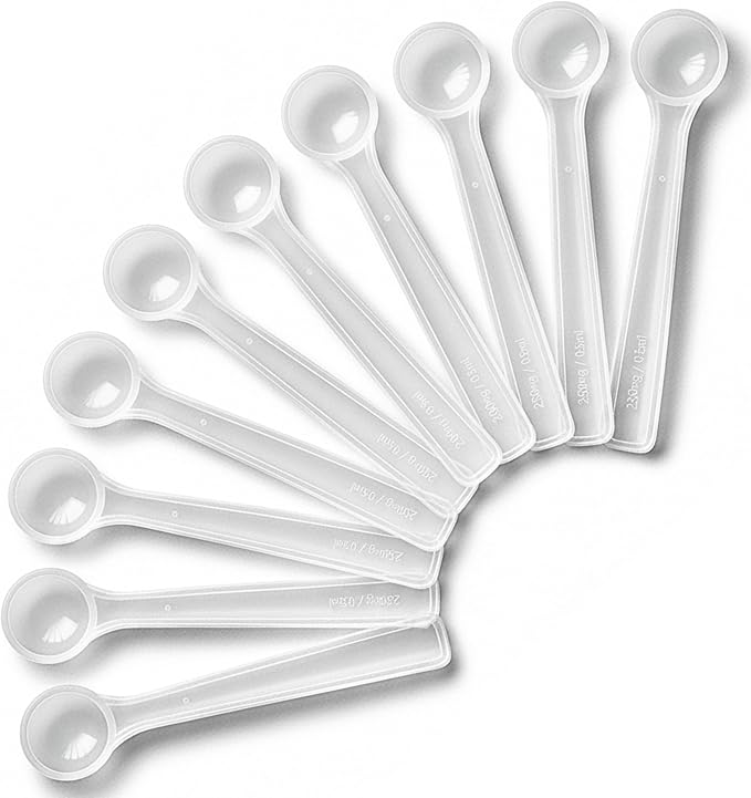 250mg Plastic Measuring Spoons (0.5ml) – Pack of 10 Mini Spoons for Baby Formula, Coffee, Protein Poweder, Baking – Approx. 1/2 Teaspoon Scoop (tsp)
