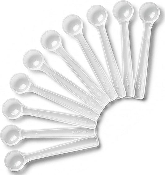 250mg Plastic Measuring Spoons (0.5ml) – Pack of 10 Mini Spoons for Baby Formula, Coffee, Protein Poweder, Baking – Approx. 1/2 Teaspoon Scoop (tsp)