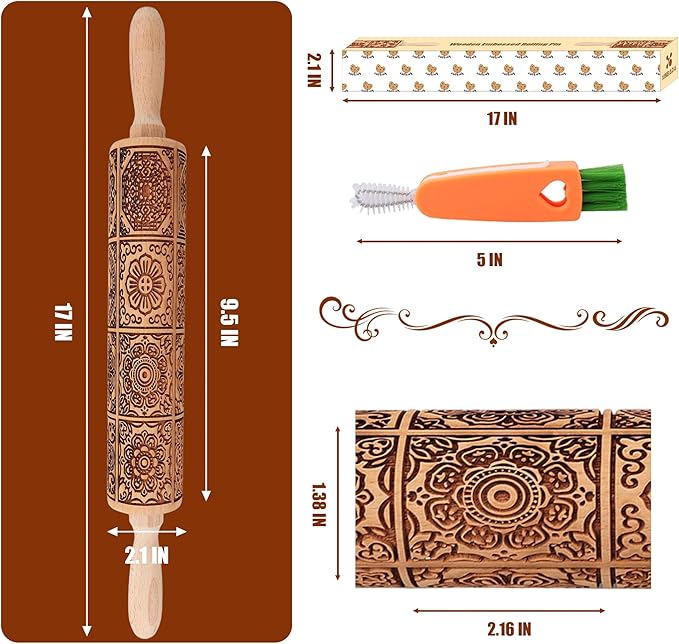 17" Premium Wooden Rolling Pins for Baking with European Embossed Designs | 3mm Deep Springerle Cookie Molds | Christmas Rolling Pin & Baking Gifts for Women | Includes 3-in-1 Cleaning Brush