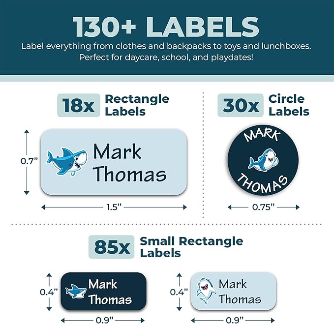 Personalized Daycare Name Labels for Kids (130 Labels) - Custom Waterproof Name Stickers for Clothing Tags, Water Bottles, Lunch Boxes and School Supplies (Sharks)