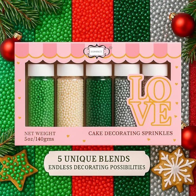 Confect Edible Pearl Sprinkles – Festive Mix of Red, White, Silver & Green Disco Ball Sprinkles – Cake & Cupcake Toppers for Baking, Decorating, and Party Treats- 5 Oz
