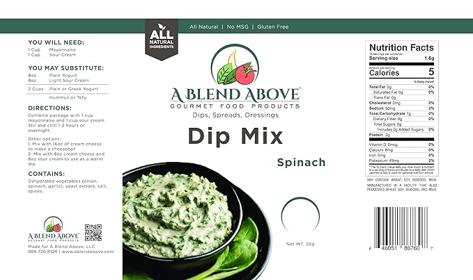 A Blend Above Spinach Dip Mix, 3 Packs, 1 oz. Each, Mixed Seasoning Packet, Gluten-Free, No MSG, All Natural, No Preservatives, Vegetable Dip, Low Carb, Easy to Make