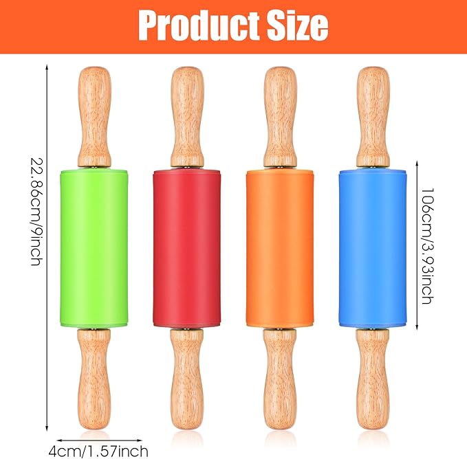 12 Pcs Small Rolling Pin 9 Inch Mini Rolling Pin Silicone Wooden Cooking Pins Baking 4 Colors Non Stick with Wooden Handle for Kitchen Dough Cookie Pastry Fondant Cake