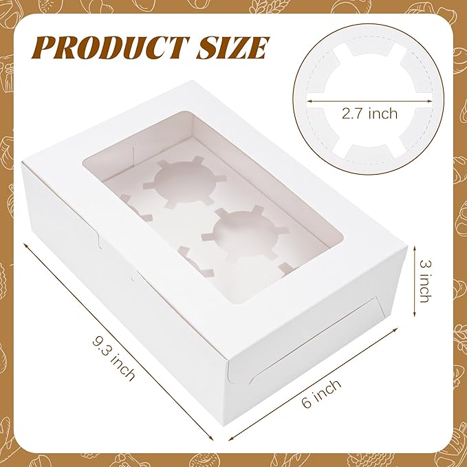 6 Pack Cupcake Boxes with Inserts 6 Holders, White Standard Bakery Boxes with Window Food Grade Cupcake Containers 6 Count for Muffins