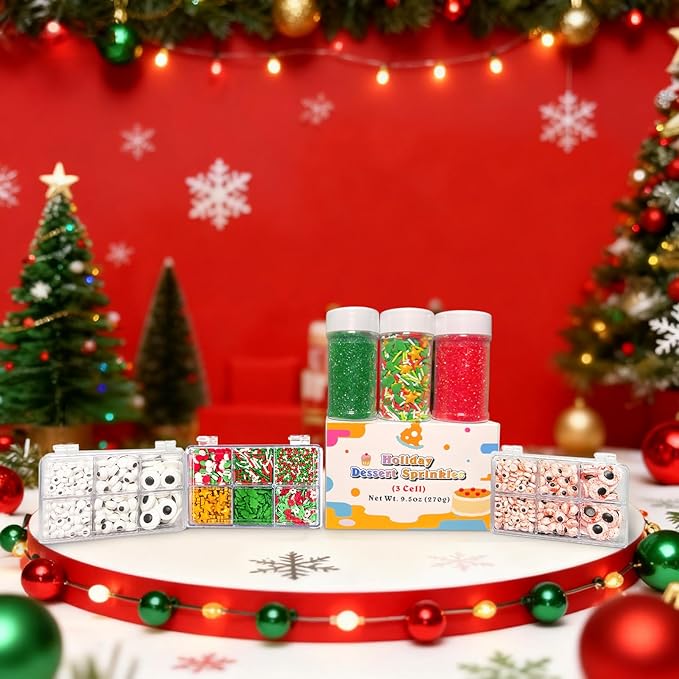 Christmas Candy Sprinkles for Cake Decorating, Festive Snowman & Reindeer Eyes Decorating Supplies for Cookie Baking, Ice Cream, Brownie, Cupcake Toppings, 3 Size Black and White Edible Eyes