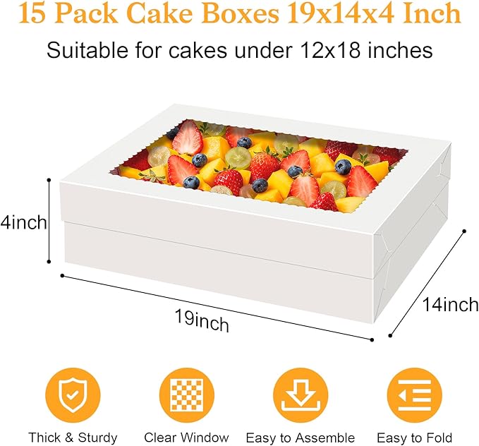 15 PCS Sheet Cake Boxes, 19x14x4 Rectangle Cake Box, Half Sheet Cake Box, White Baking Boxes, Large Bakery Boxes, Cajas Para Pasteles, 19x14 Cake Boxes for Birthday, Wedding, Party, Business