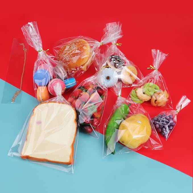 300 PCS Clear Flat Cellophane Treat Bags with 3x5",4x6",5x7",6x9",2x10",5x11",Treat Bags with Ties are Good for Pretzel Rods,Bakery, Cookies, Candies,Dessert.